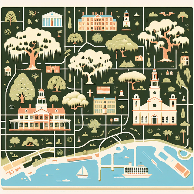 Map with historical landmarks in Savannah