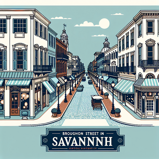 Broughton Street in Savannah with boutique shops and cobblestone sidewalks